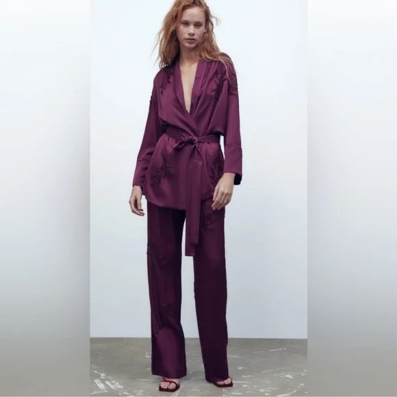 Zara 2 Piece Embroidered Beaded Kimono and Pants Co Ord Set - Picture 5 of 9